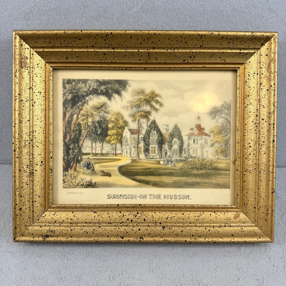 Currier & Ives‎ Sunnyside-on-the-Hudson Framed Print Gold Speckled Frame Vintage